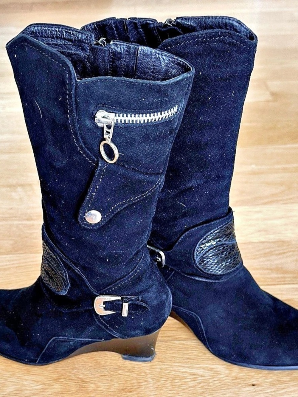 Renee Caovilla Black Embellished Wedge Suede Boots